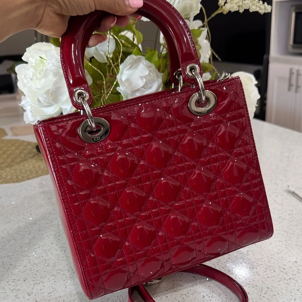 ❤️Dior Red Patent Quilted Lady Dior Satchel with Silver Hardware